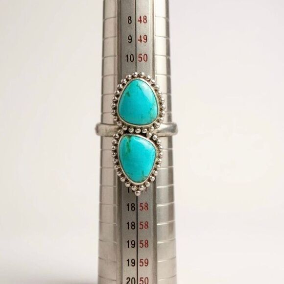 Southwestern Kingman Double Turquoise Statement Boho Ring Sterling Silver Size 6 - Picture 2 of 8